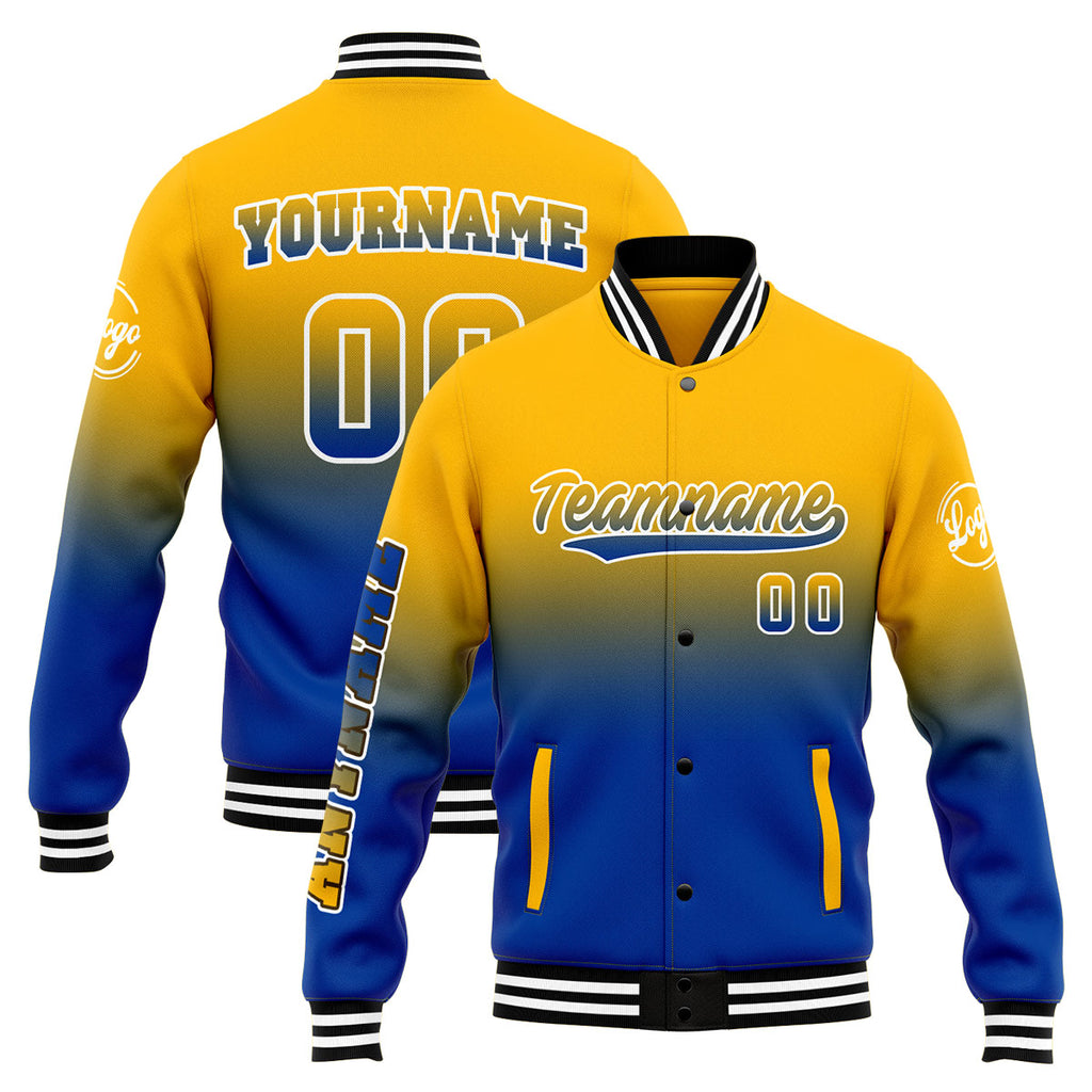 Custom Gradient Varsity Jacket Letterman jacket for Men, Women and Youth Yellow&Blue enthsush
