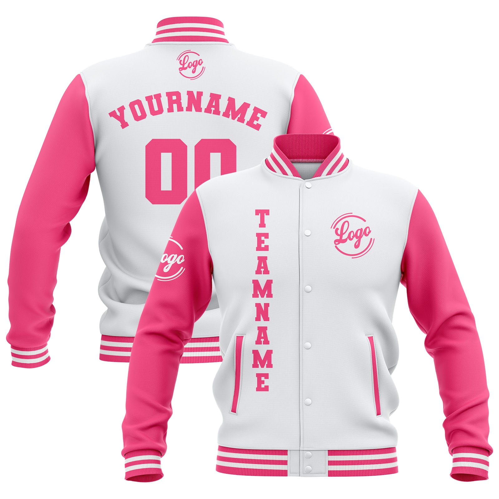 Custom White Pink Waterproof Varsity Jackets Personalized Stitched Name Number Logo to Letterman Jackets enthsush