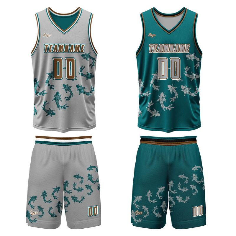 Custom Gray Green Reversible Basketball Suit for Adults and Kids Personalized Jersey