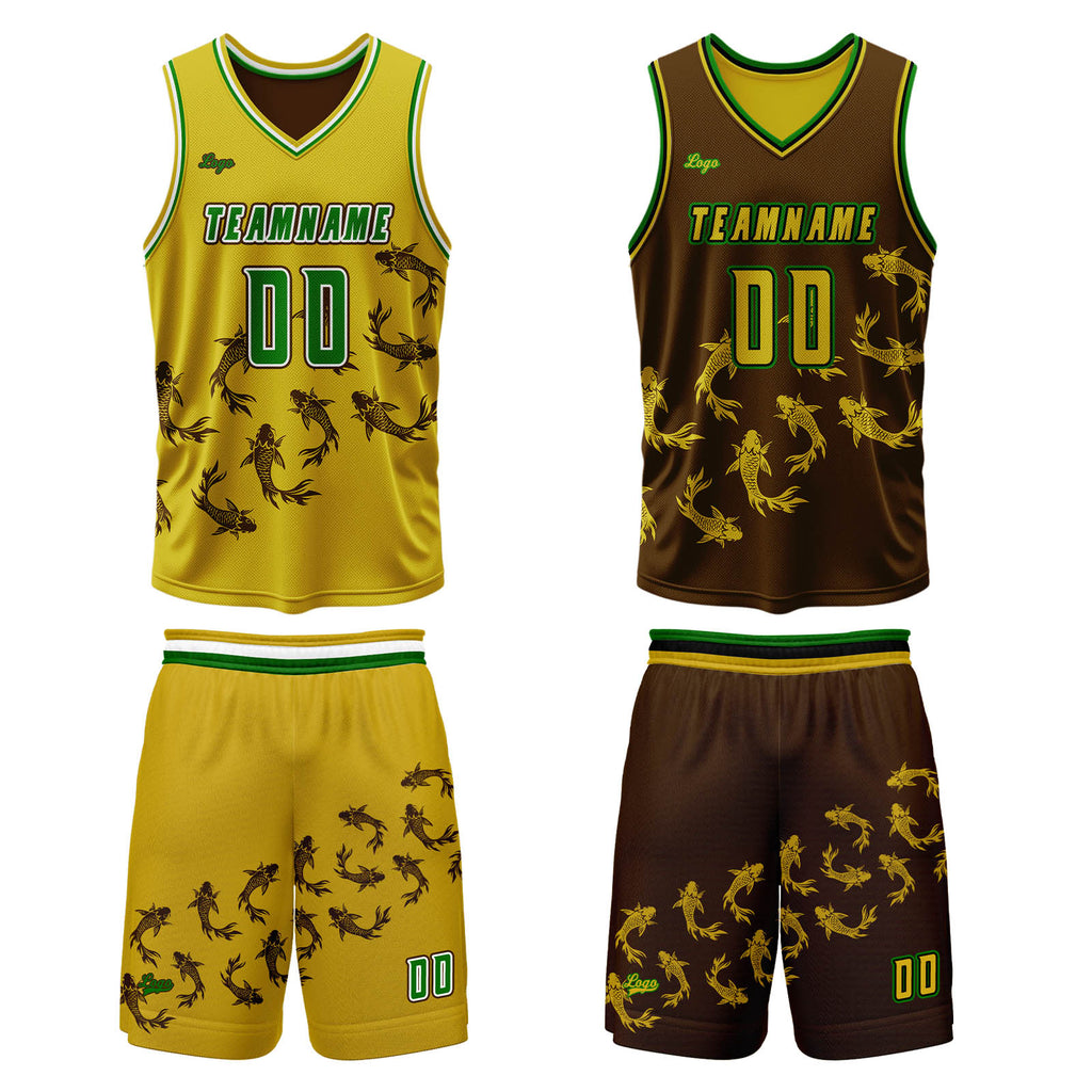 Custom Yellow Brown Reversible Basketball Suit for Adults and Kids Personalized Jersey enthsush