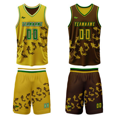 Custom Yellow Brown Reversible Basketball Suit for Adults and Kids Personalized Jersey enthsush