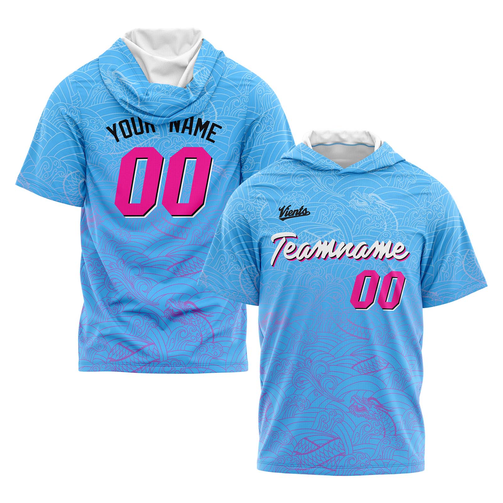 Custom Light Blue Pink Short Sleeve Hoodies for Men Women Shirts with Hoods Printed Name Logo enthsush