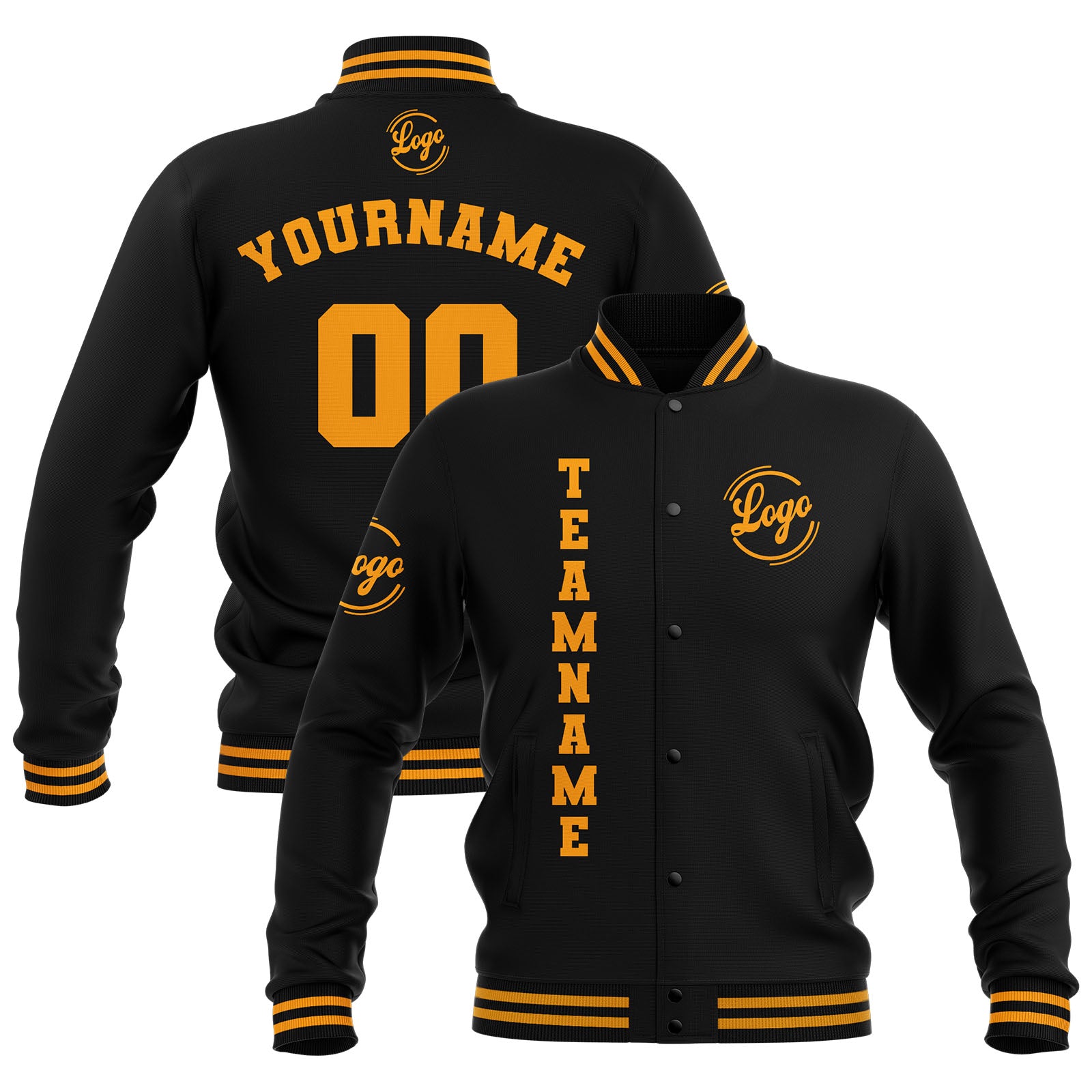Custom Black Yellow Waterproof Varsity Jackets Personalized Stitched Name Number Logo to Letterman Jackets enthsush