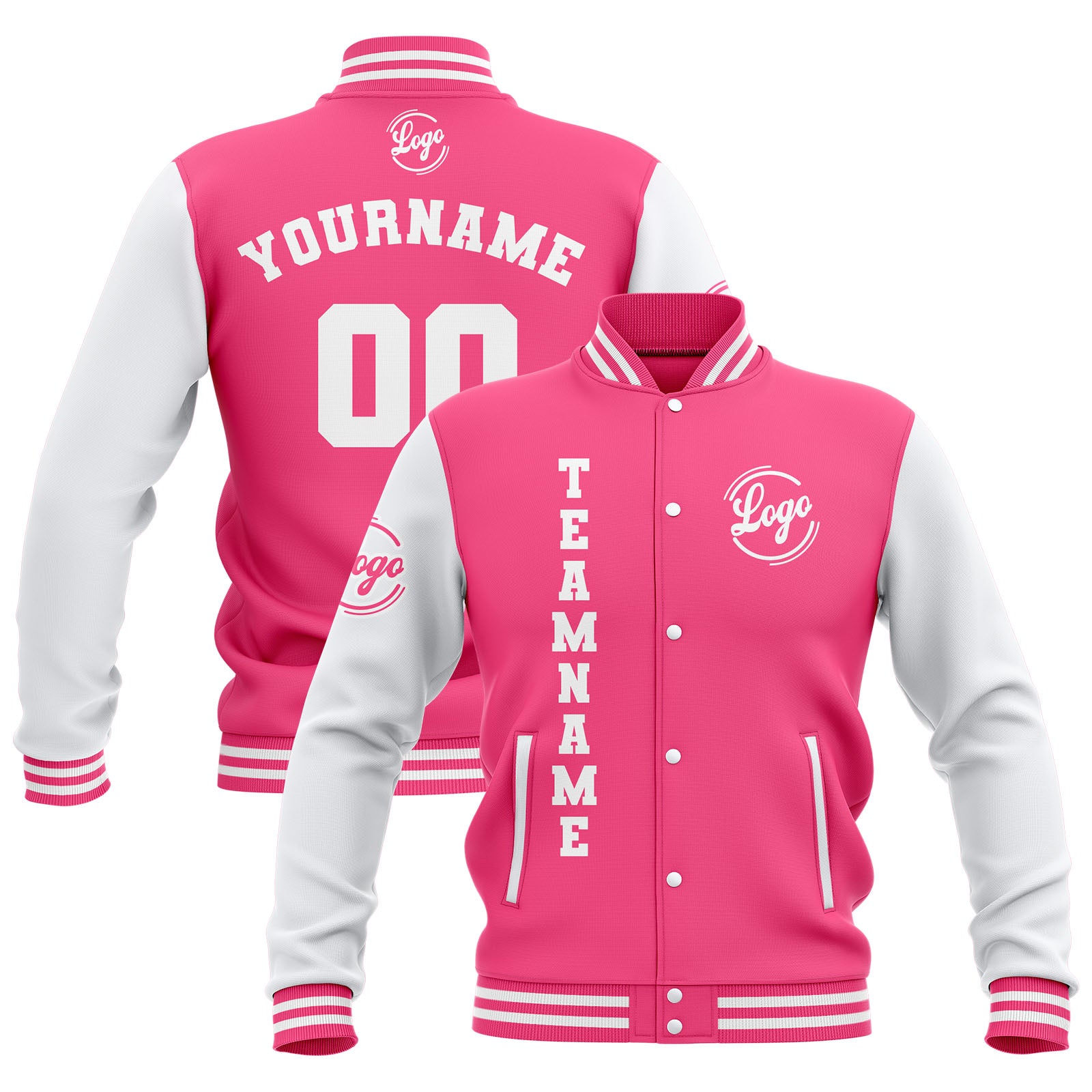 Custom Pink White Waterproof Varsity Jackets Personalized Stitched Name Number Logo to Letterman Jackets enthsush