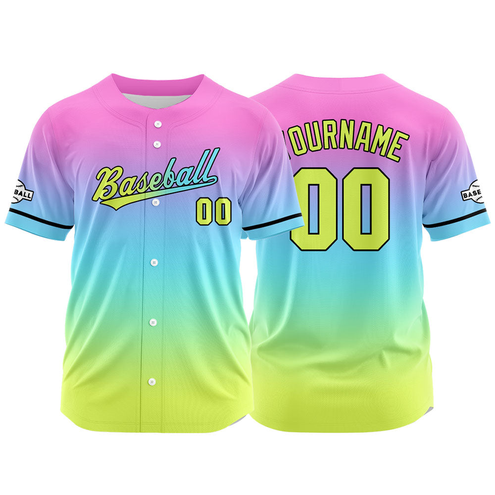 Custom Full Print Design Authentic Baseball Jersey yellow-light blue-pink purple enthsush