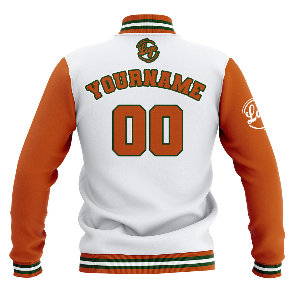 Custom White Orange Waterproof Varsity Jackets Personalized Stitched Name Number Logo to Letterman Jackets enthsush