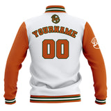 Custom White Orange Waterproof Varsity Jackets Personalized Stitched Name Number Logo to Letterman Jackets