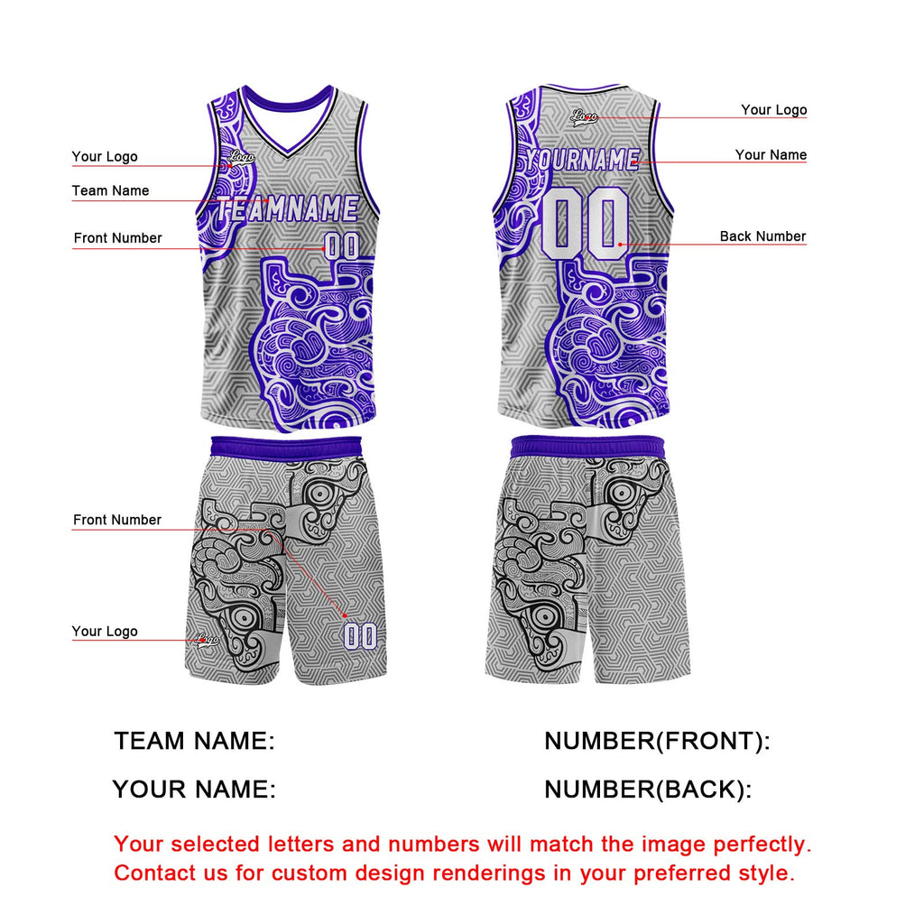 Custom Gray Purple Basketball Jersey Uniform Suit Printed Your Logo Name Number enthsush