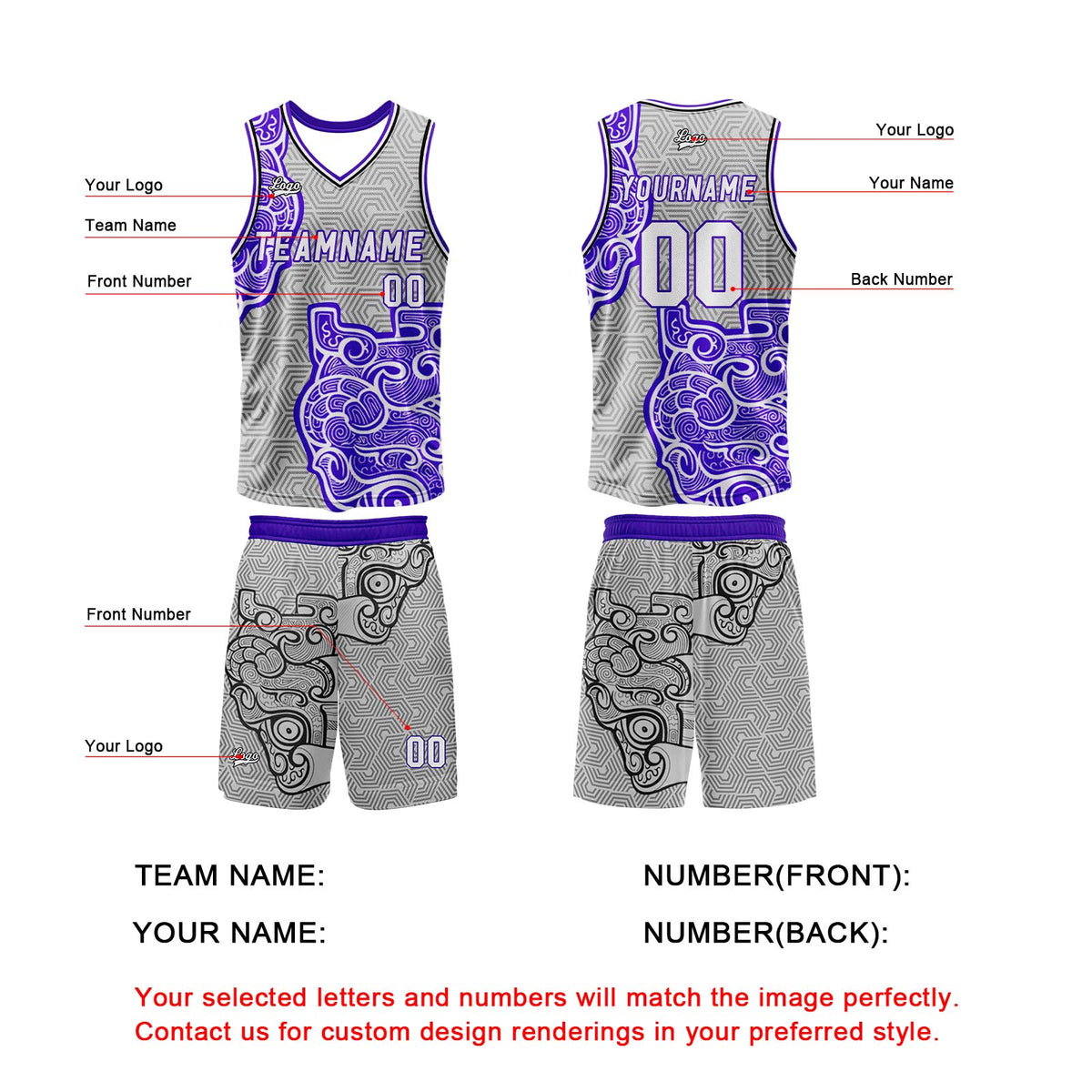 Custom Gray Purple Basketball Jersey Uniform Suit Printed Your Logo Name Number enthsush
