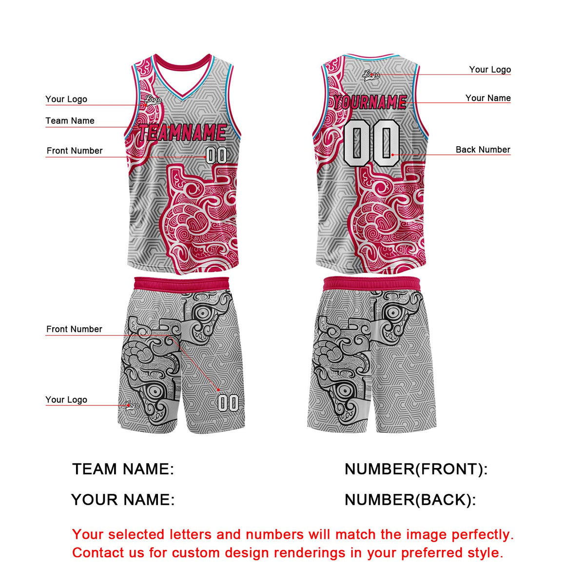 Custom Gray Pink Basketball Jersey Uniform Suit Printed Your Logo Name Number enthsush