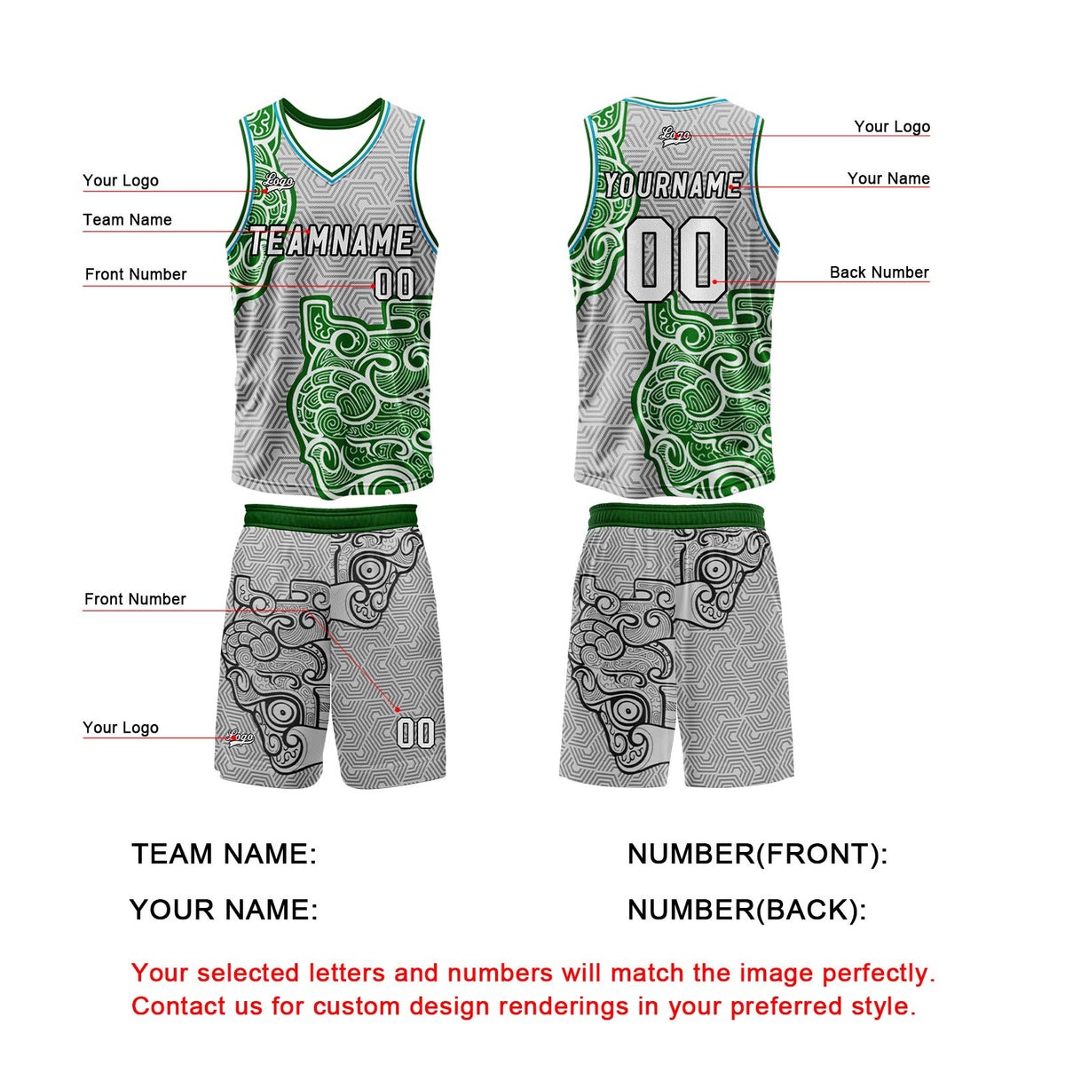 Custom Gray Green Basketball Jersey Uniform Suit Printed Your Logo Name Number enthsush