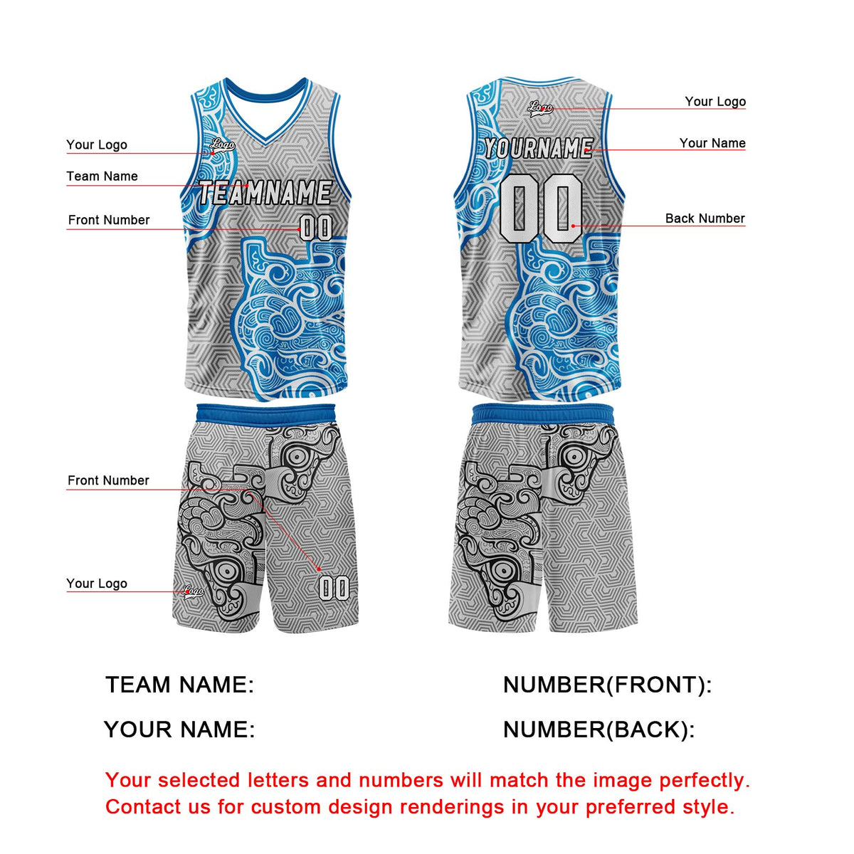 Custom Gray Blue Basketball Jersey Uniform Suit Printed Your Logo Name Number enthsush