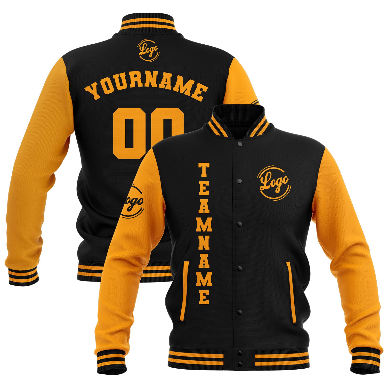 Custom Black Yellow Waterproof Varsity Jackets Personalized Stitched Name Number Logo to Letterman Jackets enthsush