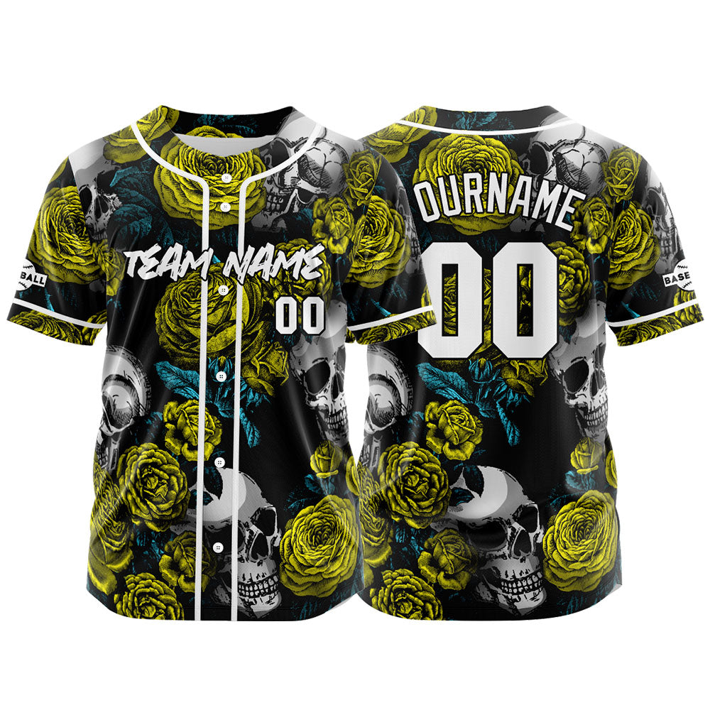 Custom Baseball Jersey Personalized Baseball Shirt for Men Women Kids Youth Teams Stitched and Print Rose Skull&Yellow enthsush