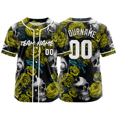 Custom Baseball Jersey Personalized Baseball Shirt for Men Women Kids Youth Teams Stitched and Print Rose Skull&Yellow enthsush