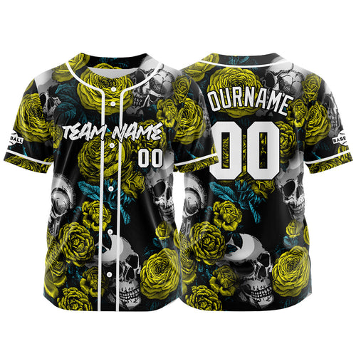 Custom Baseball Jersey Personalized Baseball Shirt for Men Women Kids Youth Teams Stitched and Print Rose Skull&Yellow enthsush