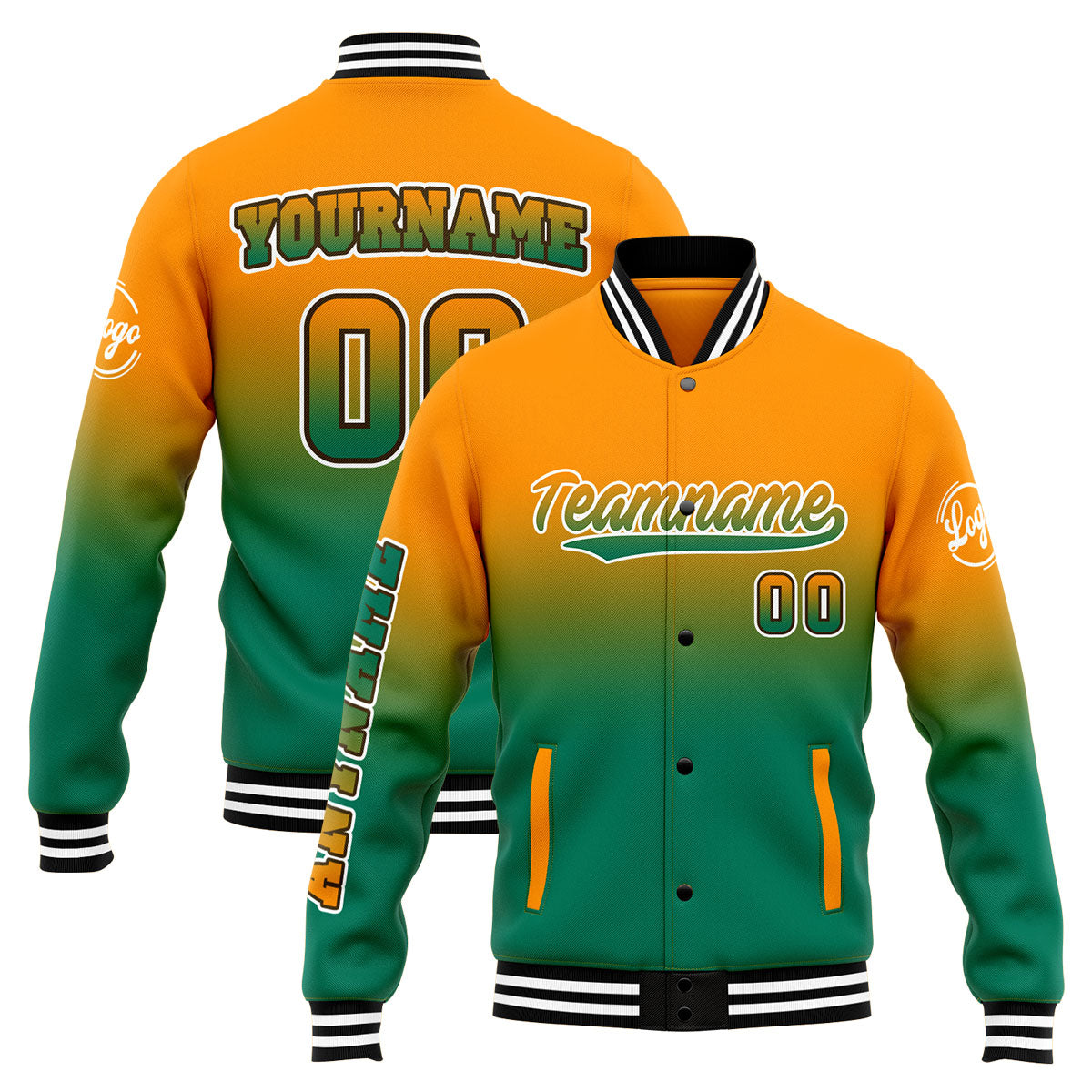 Custom Gradient Varsity Jacket Letterman jacket for Men, Women and Youth Orang&Green enthsush