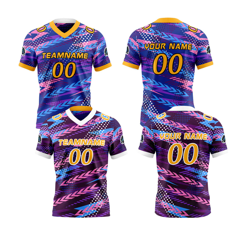 Custom Purple Yellow Reversible Football Jersey Personalized Gradient Football Shirts for Men Printed Team Name Number Logo