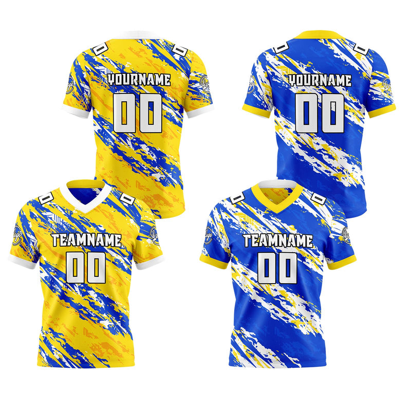 Custom Yellow Blue Reversible Gradient Football Jersey Personalized Football Shirts for Men Women  Printed Team Name Number Logo