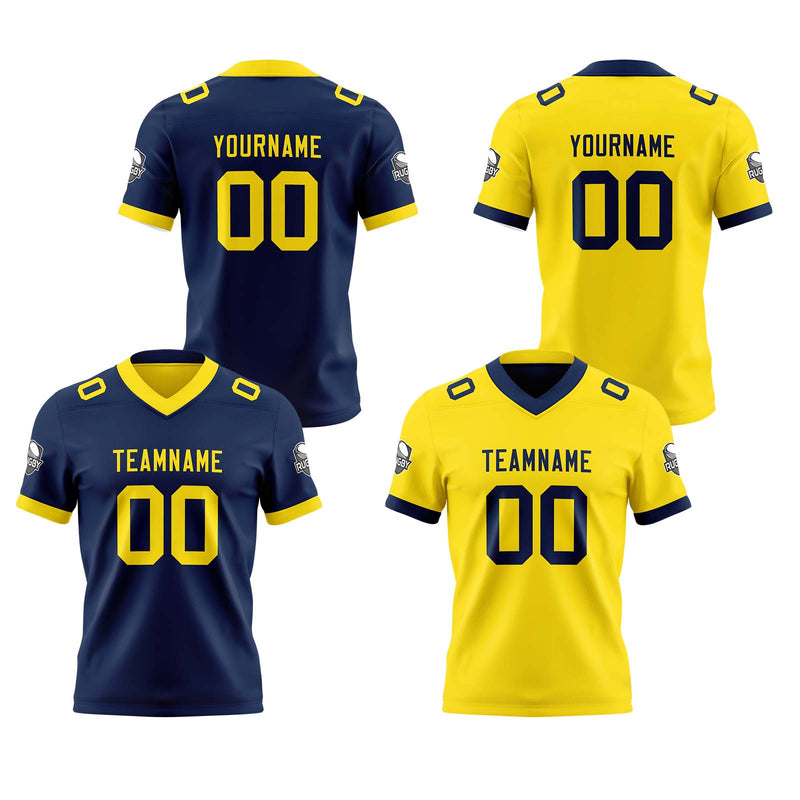 Custom Navy Yellow Reversible Gradient Football Jersey Personalized Football Shirts for Men Women  Printed Team Name Number Logo