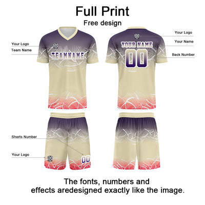 Custom Beige Purple Jerseys for Men Women Personalized Soccer Uniforms for Adult and Kid enthsush