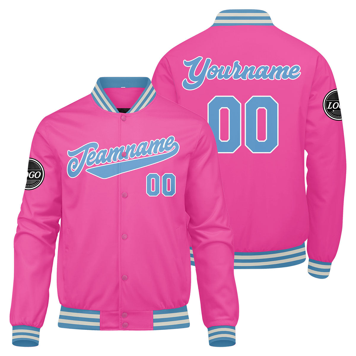 Custom Varsity Jacket Letterman jacket for Men, Women and Youth Pink Light Blue enthsush