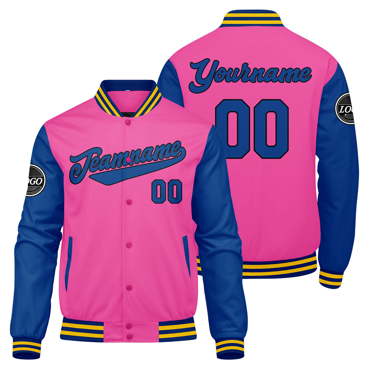 Custom Varsity Jacket Letterman jacket for Men, Women and Youth Pink Royal Yellow enthsush