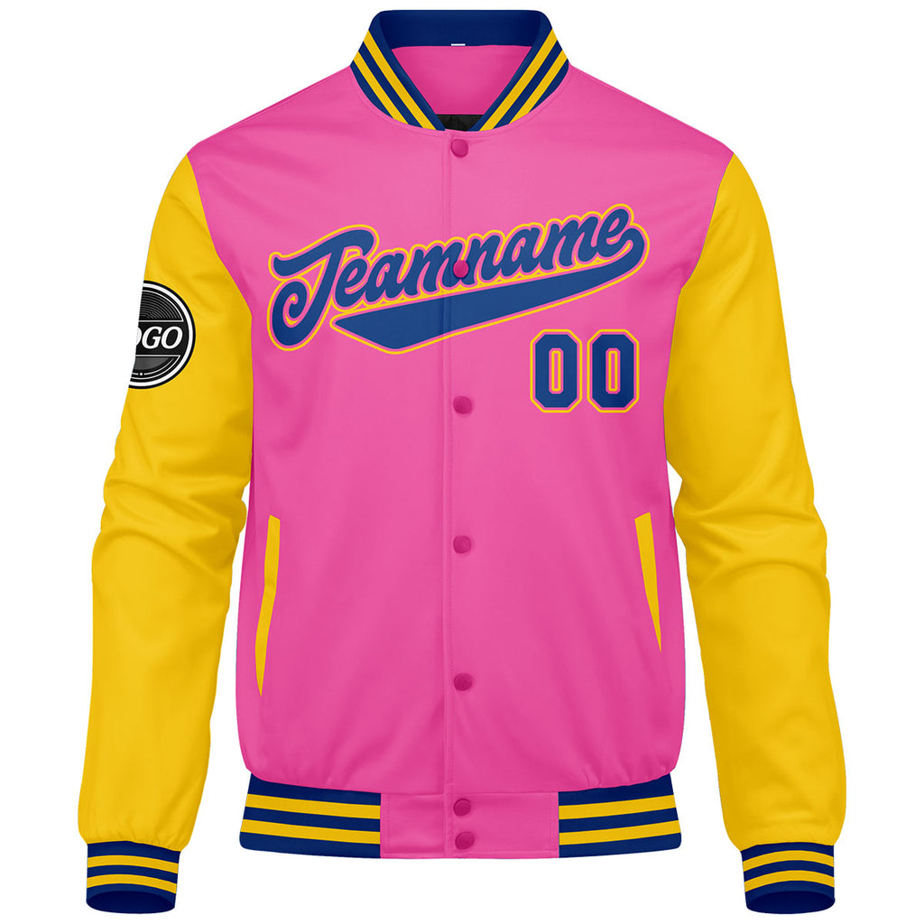 Custom Varsity Jacket Letterman jacket for Men, Women and Youth Pink Yellow Royal enthsush