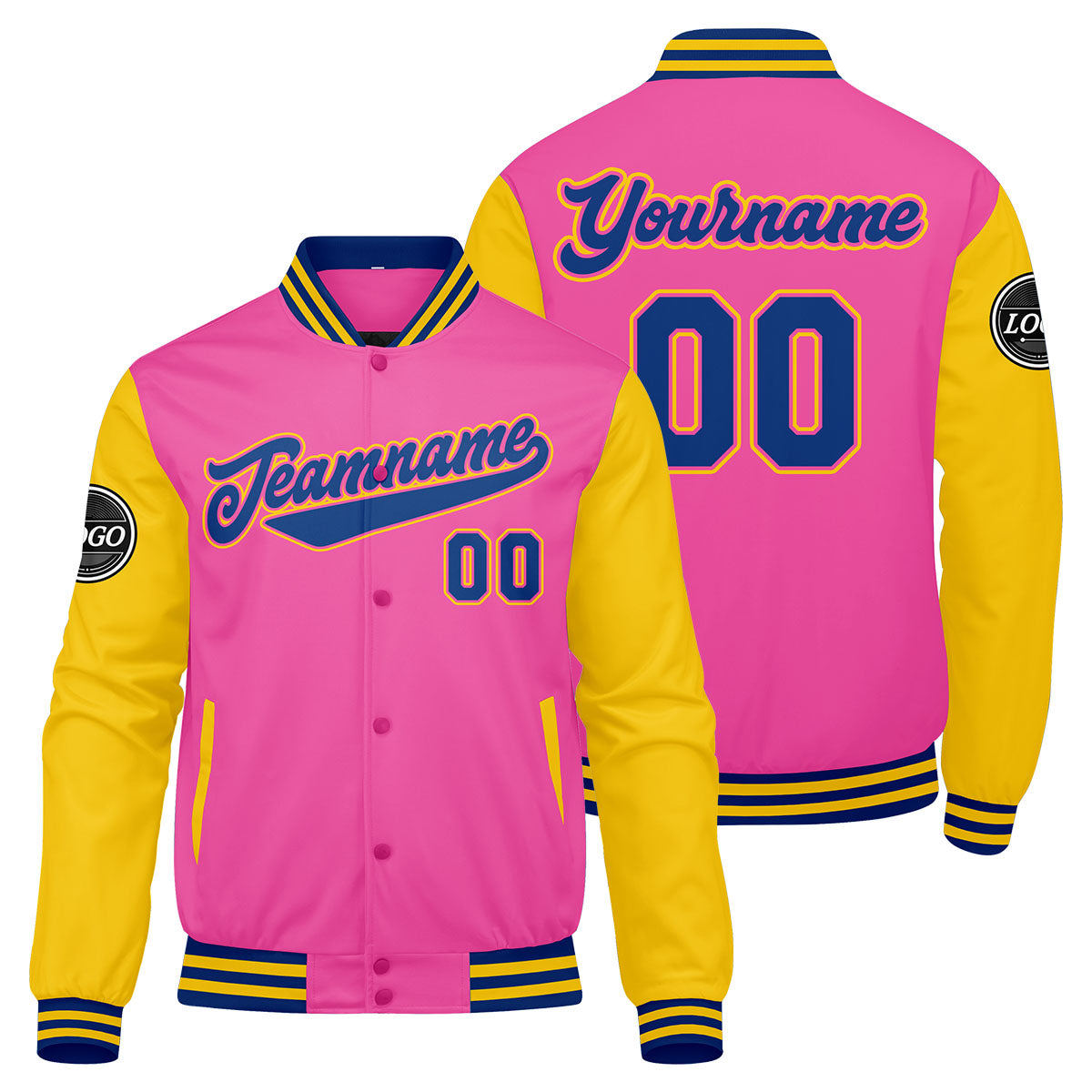 Custom Varsity Jacket Letterman jacket for Men, Women and Youth Pink Yellow Royal enthsush