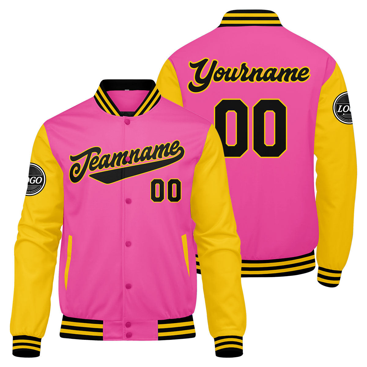 Custom Varsity Jacket Letterman jacket for Men, Women and Youth Pink Yellow Black enthsush