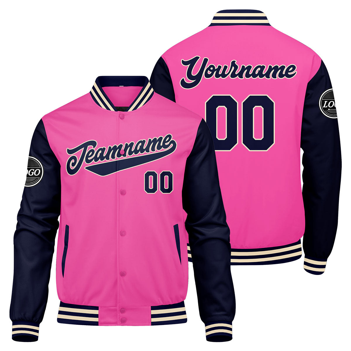 Custom Varsity Jacket Letterman jacket for Men, Women and Youth Pink Navy enthsush