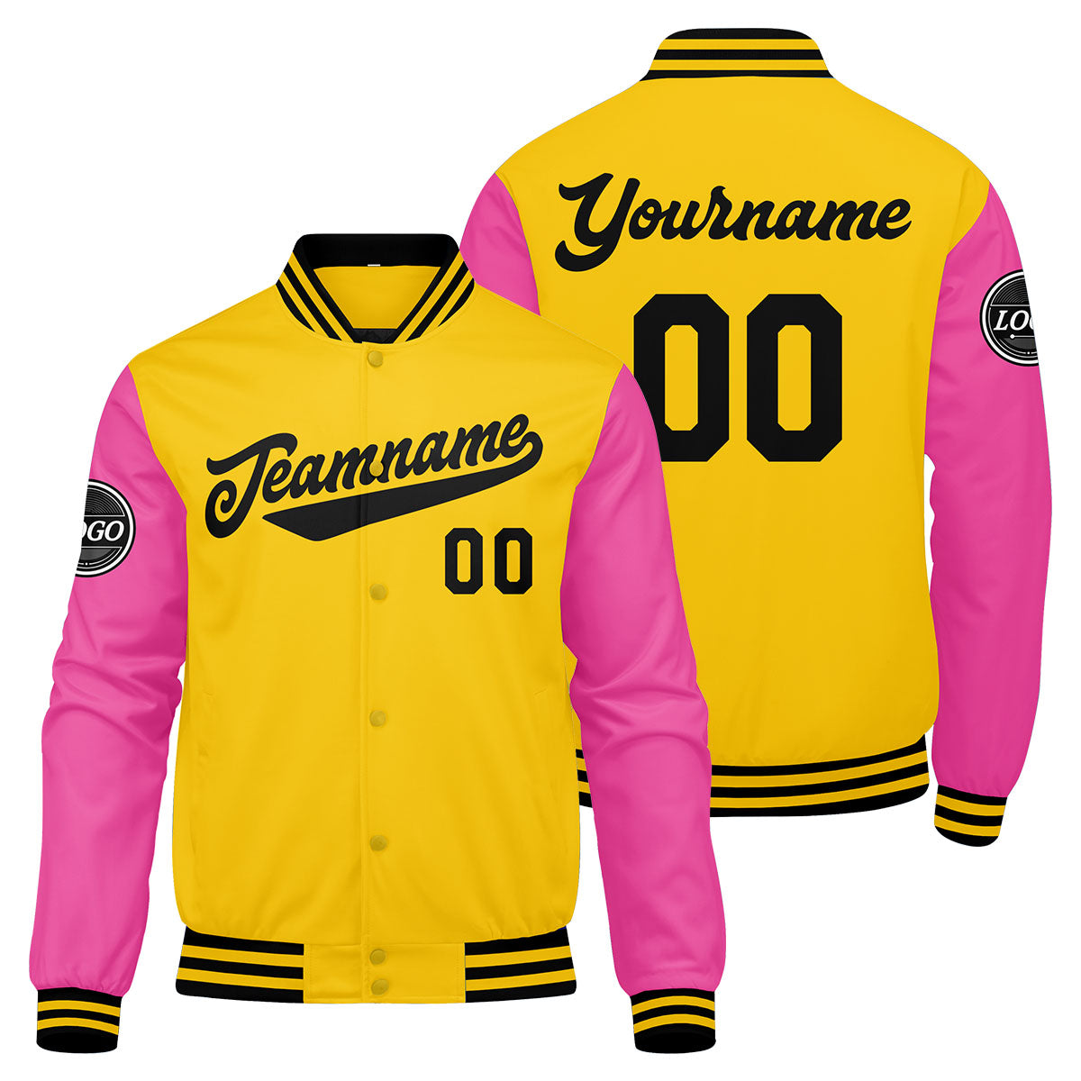 Custom Varsity Jacket Letterman jacket for Men, Women and Youth Yellow Pink Black enthsush