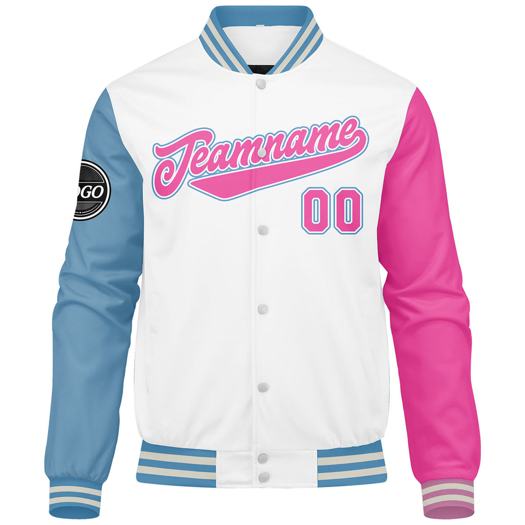 Custom Varsity Jacket Letterman jacket for Men, Women and Youth White Light Blue Pink enthsush