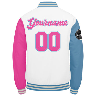 Custom Varsity Jacket Letterman jacket for Men, Women and Youth White Light Blue Pink enthsush