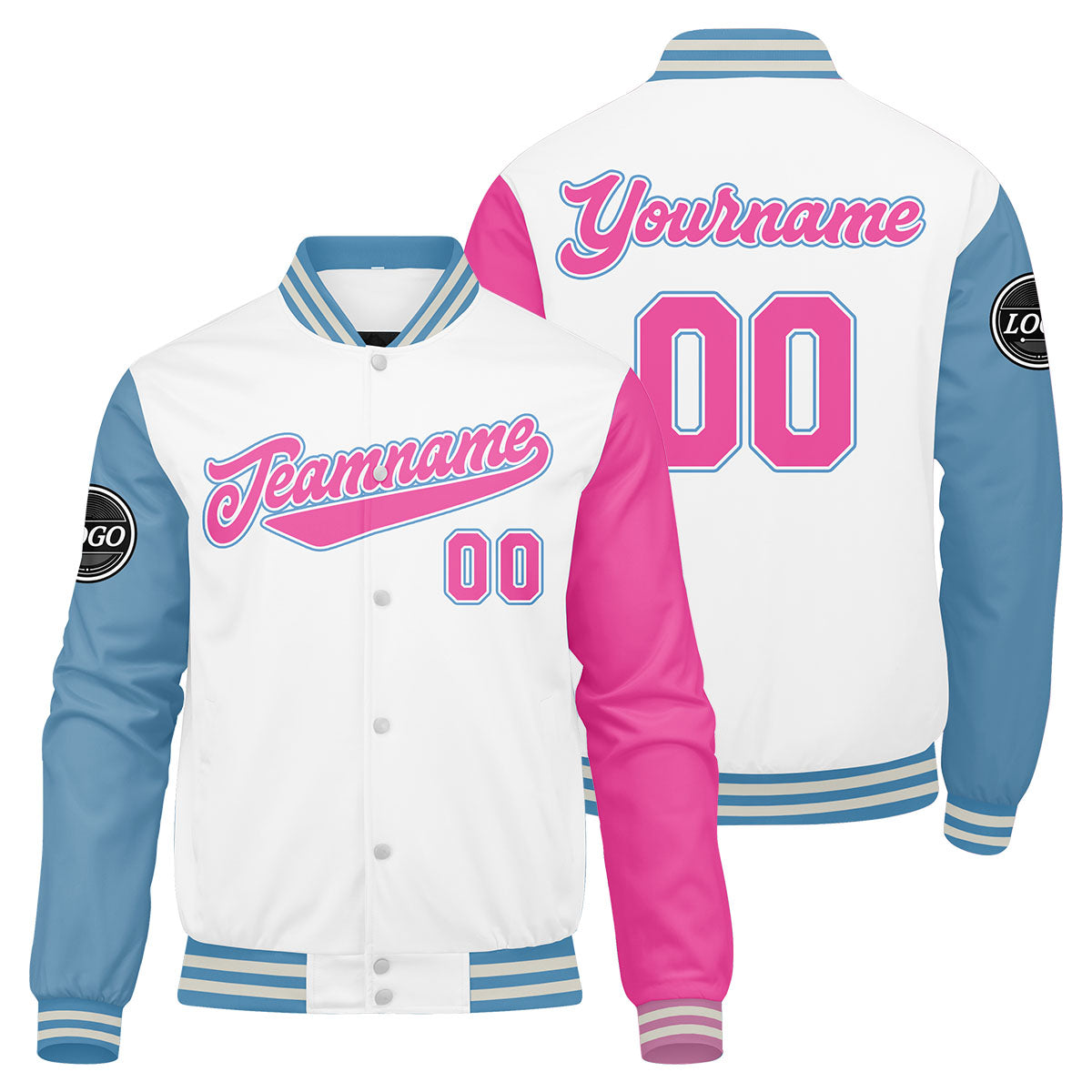 Custom Varsity Jacket Letterman jacket for Men, Women and Youth White Light Blue Pink enthsush