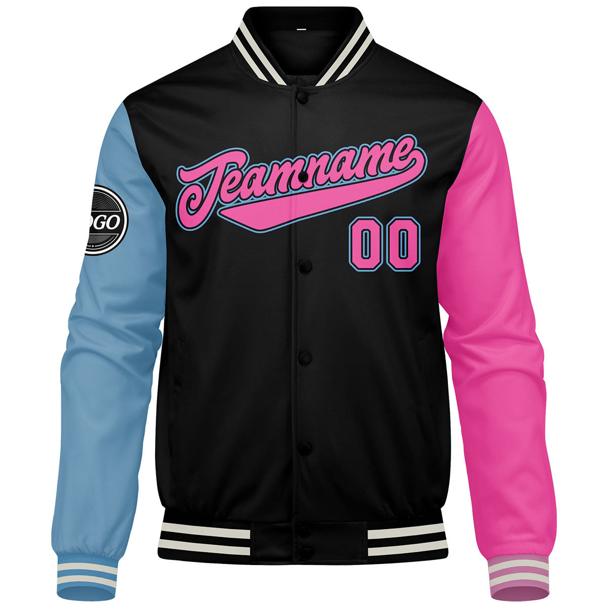Custom Varsity Jacket Letterman jacket for Men, Women and Youth Black Light Blue Pink enthsush