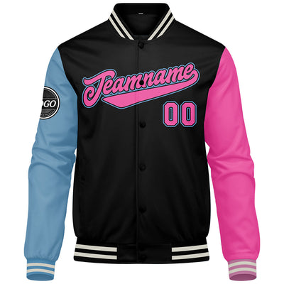 Custom Varsity Jacket Letterman jacket for Men, Women and Youth Black Light Blue Pink enthsush