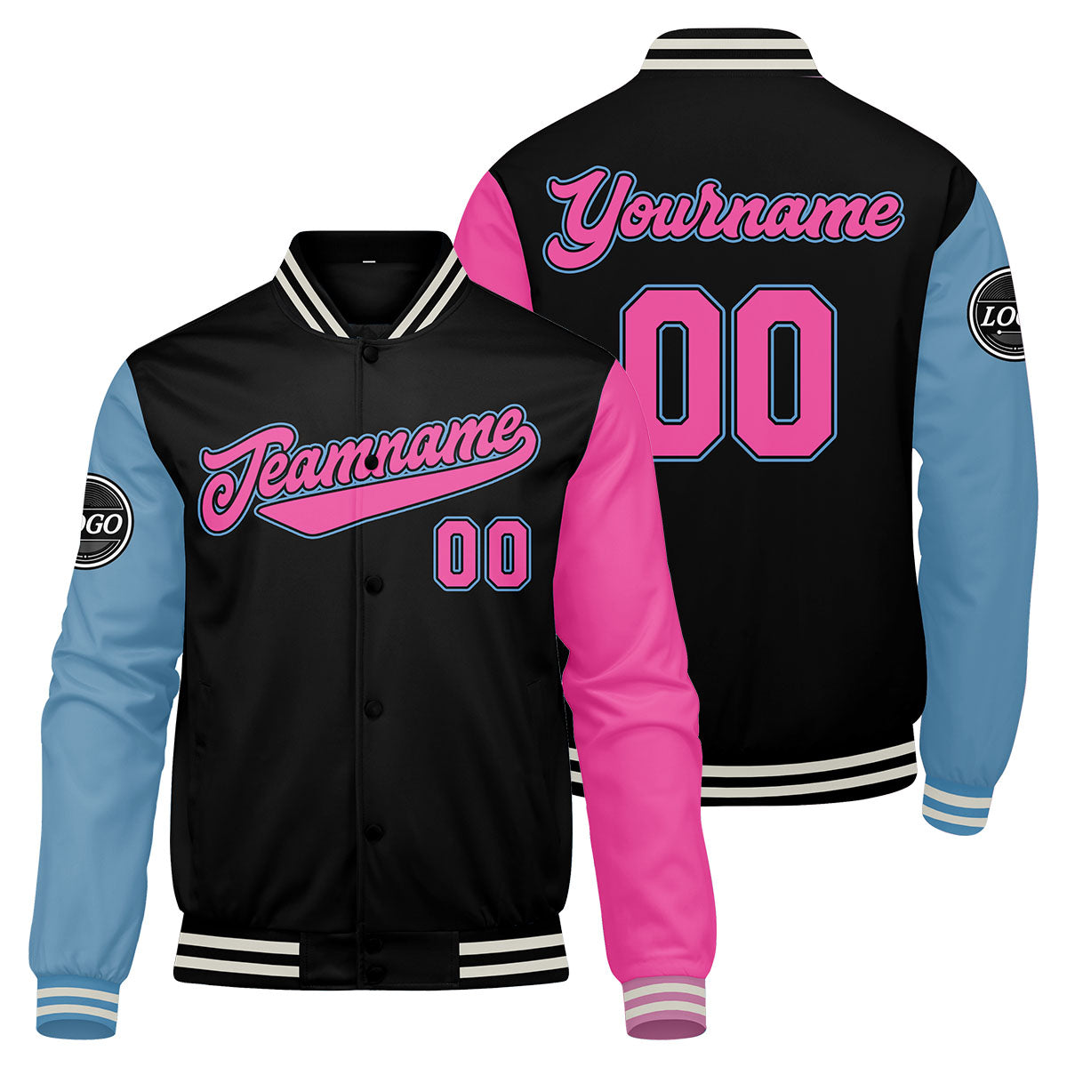 Custom Varsity Jacket Letterman jacket for Men, Women and Youth Black Light Blue Pink enthsush