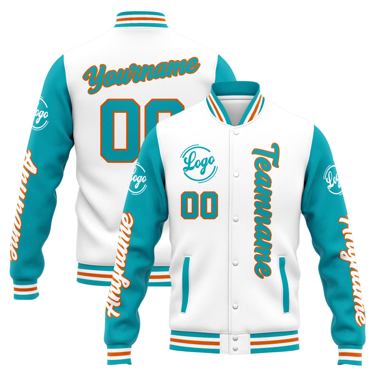 Custom Varsity Jacket Letterman jacket for Men, Women and Youth White Teal enthsush