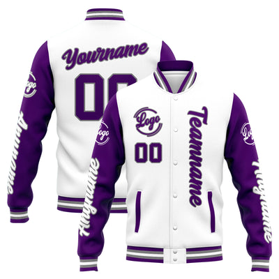 Custom Varsity Jacket Letterman jacket for Men, Women and Youth White Purple enthsush