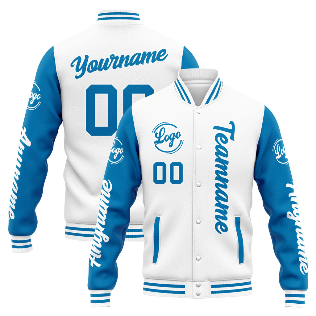 Custom Varsity Jacket Letterman jacket for Men, Women and Youth White Blue enthsush