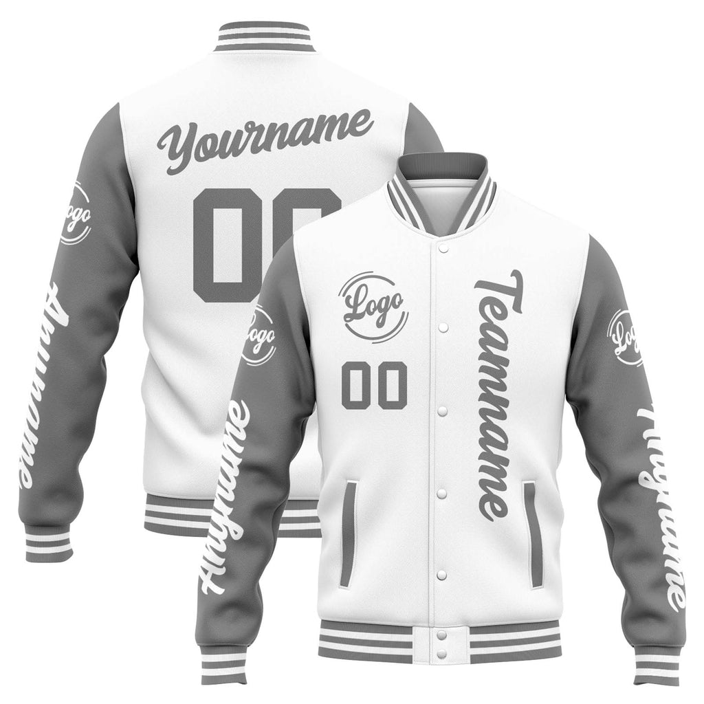 Custom Varsity Jacket Letterman jacket for Men, Women and Youth White Grey enthsush