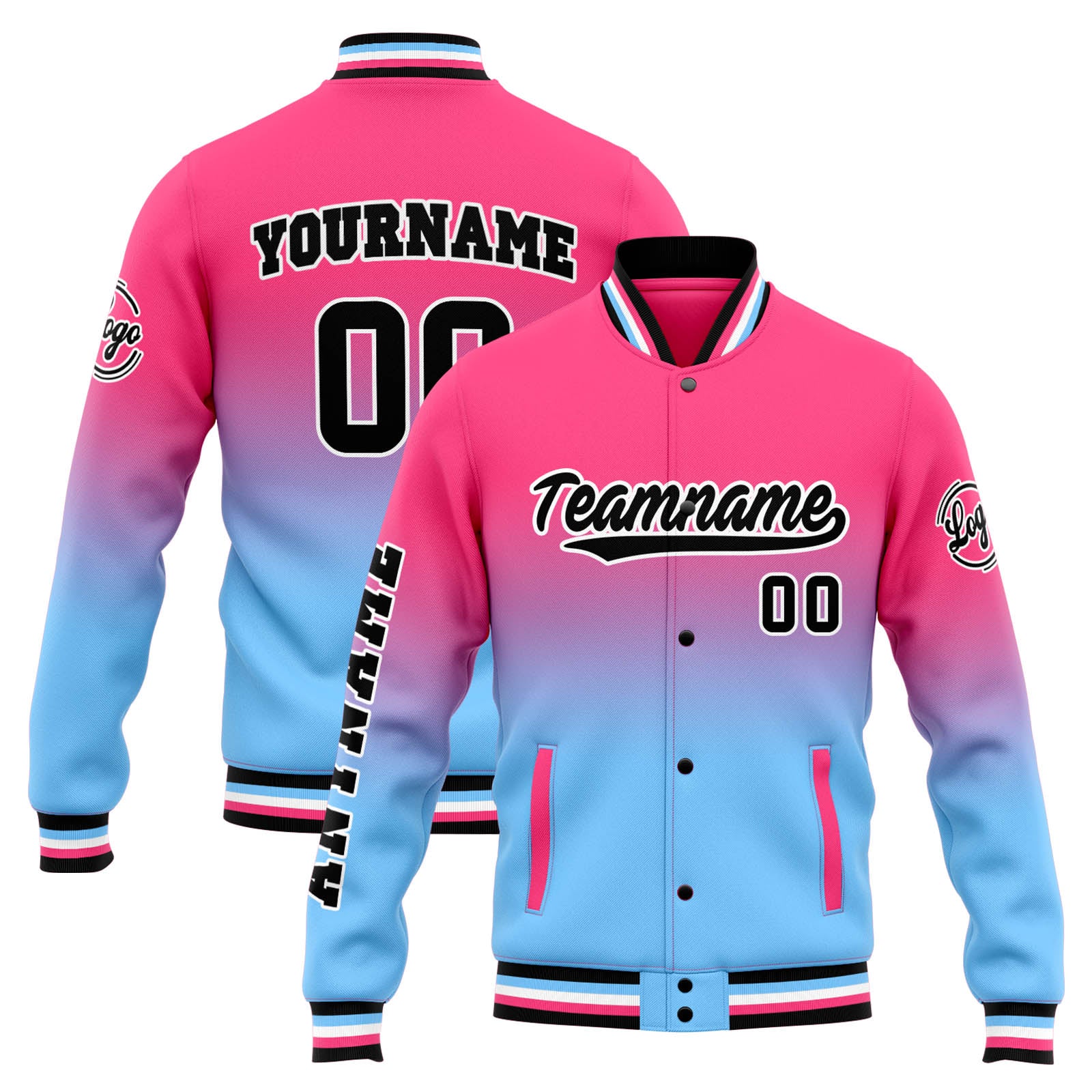 Custom Varsity Jacket Letterman jacket for Men, Women and Youth Pink Light Blue Gradient enthsush