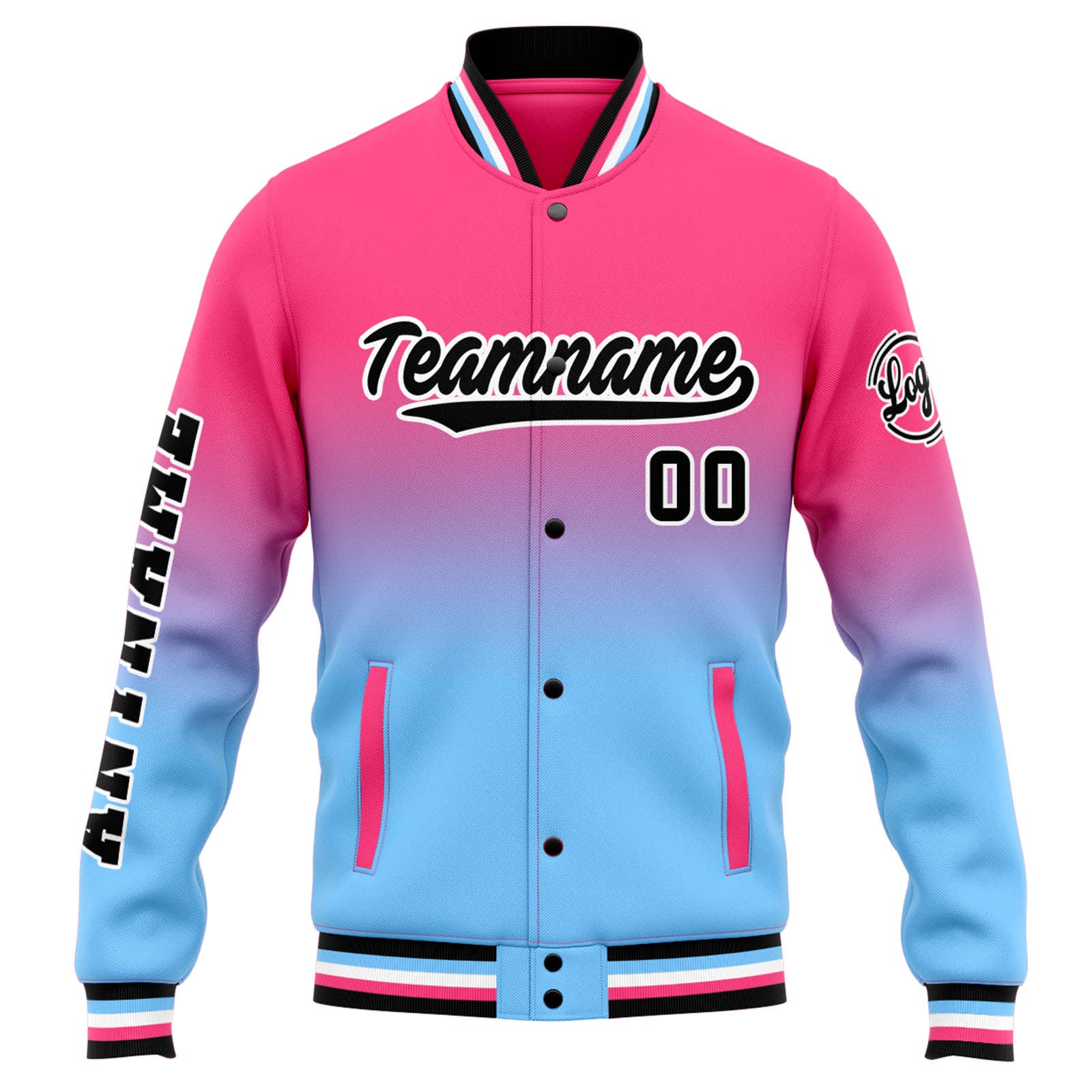 Custom Varsity Jacket Letterman jacket for Men, Women and Youth Pink Light Blue Gradient enthsush