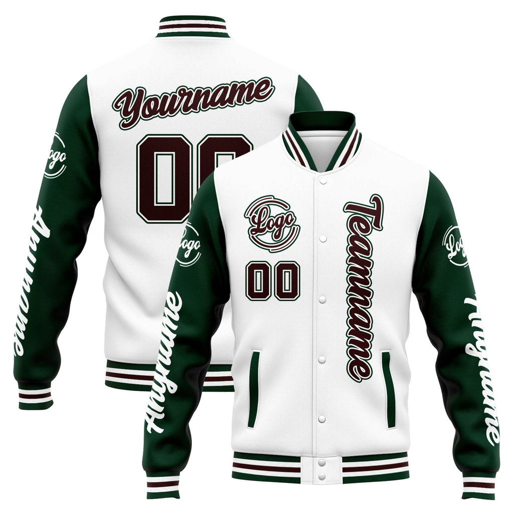 Custom Varsity Jacket Letterman jacket for Men, Women and Youth White Green Brown enthsush