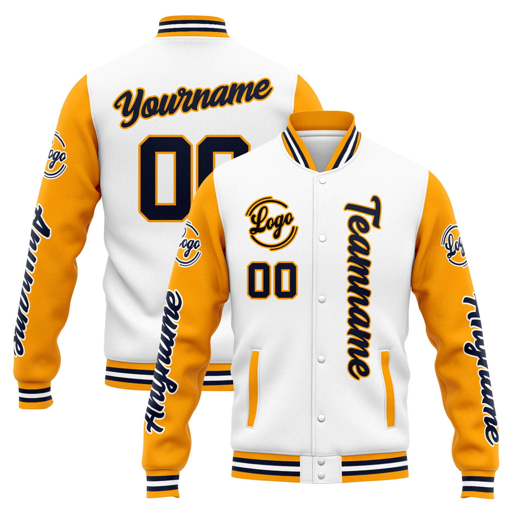 Custom Varsity Jacket Letterman jacket for Men, Women and Youth White Orange Navy enthsush