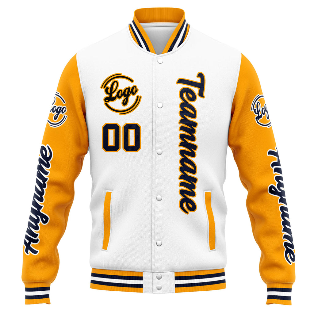 Custom Varsity Jacket Letterman jacket for Men, Women and Youth White Orange Navy enthsush