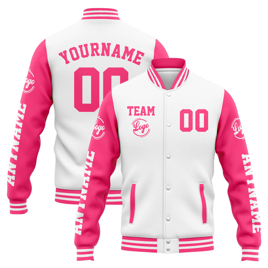 Custom Varsity Jacket Letterman jacket for Men, Women and Youth White Pink enthsush