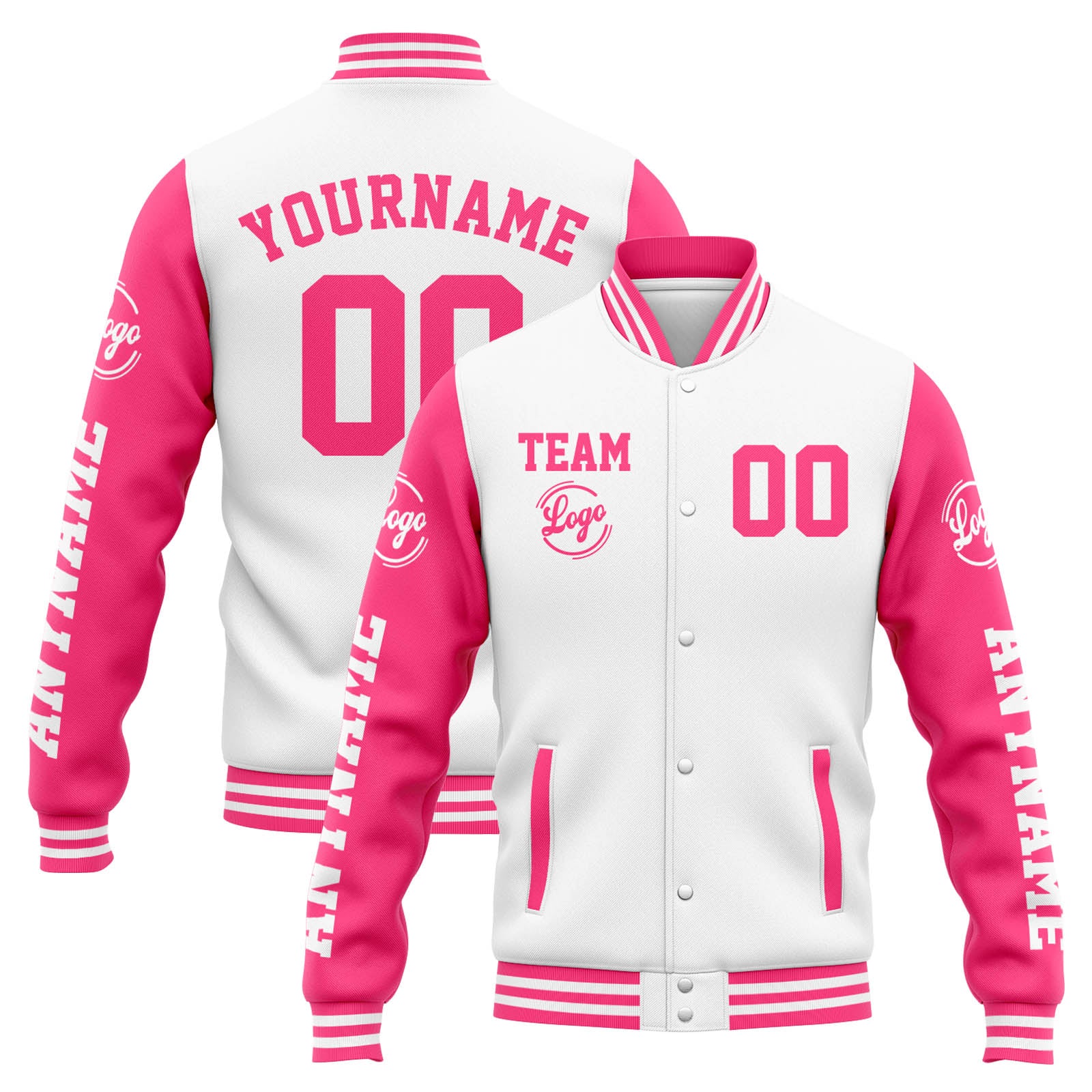 Custom Varsity Jacket Letterman jacket for Men, Women and Youth White Pink enthsush