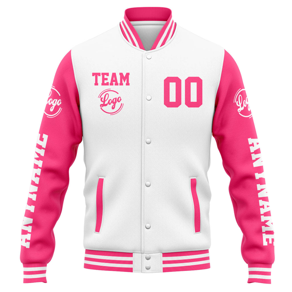 Custom Varsity Jacket Letterman jacket for Men, Women and Youth White Pink enthsush